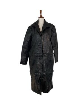 Vintage Black Leather Coat Women’s L 3 in 1 Adjustable Midi Short Long Jacket‎
